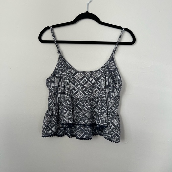 Lush Flowy/Ruffled Cropped Adjustable Printed Tank Top - Small in Blue & White - Picture 3 of 6